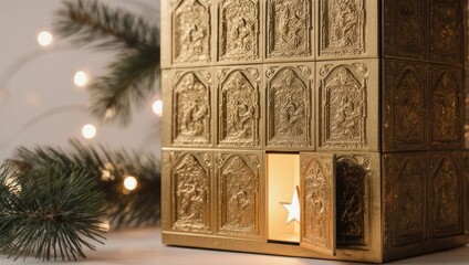 Ornate golden advent calendar with religious carvings for Christmas.