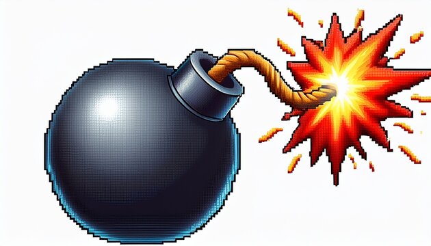 pixel art explosive bomb with lit fuse retro gaming and digital art design isolated on white background