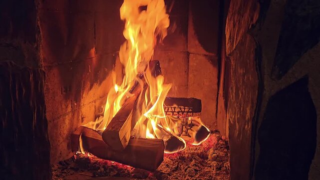 Cozy cottage fireplace with open fire burnig wood with nice flames. Nice romantic scheme. Looping repeating video