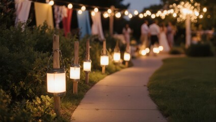Pathway illuminated by lanterns and string lights at dusk, garden party ambiance.