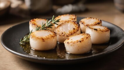 Perfectly Seared Sea Scallops with Rosemary on a Dark Plate.