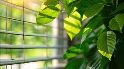 Sunlit Green Leaves Glowing Through Window Blinds in a Bright Indoor Environment