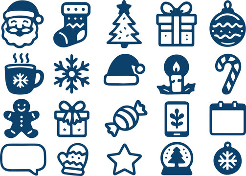 Charming collection of festive winter holiday and Christmas vector icons, perfect for seasonal digital design projects, marketing materials, and celebration themes