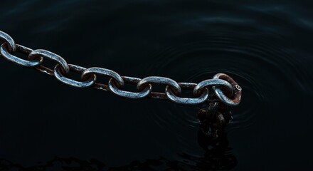 Heavy duty steel anchor chain descending into dark water, showcasing robust marine engineering and essential maritime safety equipment ,essential ,mechanical ,water