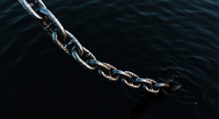 Heavy duty steel anchor chain descending into dark water, showcasing robust marine engineering and essential maritime safety equipment ,infrastructure ,dependable ,security