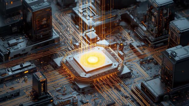 Advanced electronic processor glowing at the center of a detailed circuit system with illuminated pathways and intricate hardware components in a tech environment