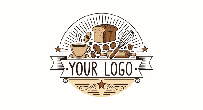 Artisanal bakery and coffee emblem with essential ingredients and tools