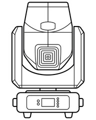 Black-and-white line art illustration of a professional stage moving head light. Detailed front view with vents, display panel, and mounting base. Ideal for lighting design, event equipment