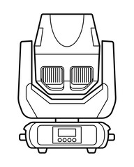 Black-and-white line art illustration of a professional stage moving head light. Detailed front view with vents, display panel, and mounting base. Ideal for lighting design, event equipment