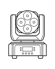 Clean outline illustration of a compact LED moving head stage light with five lenses. Minimal technical line art ideal for lighting catalogs, event graphics, and stock design resources.