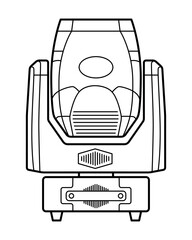 Black-and-white line art illustration of a professional stage moving head light. Detailed front view with vents, display panel, and mounting base. Ideal for lighting design, event equipment