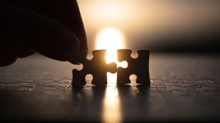 Man Places Final Puzzle Piece With Bright Light Shining in the Background, Illustrating Problem Solving and Fulfillment