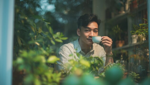 Young Asian Man Enjoying A Morning Coffee In A Cafe, Posing Thoughtfully With A Smile, Surrounded By Greenery And Natural Light. - Powered by Adobe