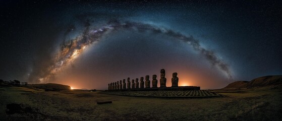 AI generator image of The Milky Way, which runs over a large carved stone statue, is one of the world's most famous stargazing spots. 