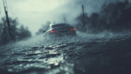 Fototapeta premium Vehicle Submerged: Car Struggling Through Waterlogged Street. Navigation Through Flooded Road In Progress Despite Adverse Conditions In The Background.