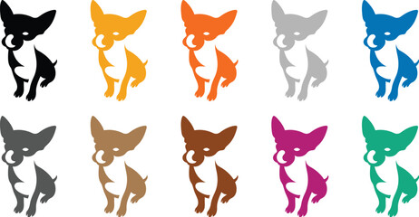 Chihuahua dog silhouettes collection in multiple colors, Colorful chihuahua dog silhouette set vector illustration
