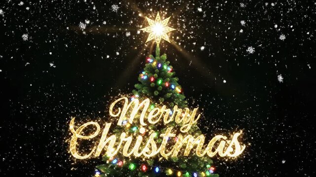 A vibrant illustration of a Christmas tree adorned with holiday decorations, a golden star, and sparkling snow, perfect for a winter celebration card
