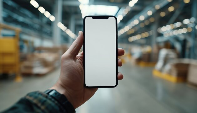Caucasian Male Worker In Huge Warehouse Using Smartphone For Tracking, Fulfillment, And Marketing - Blank Screen Mockup. Perfect For App Development.