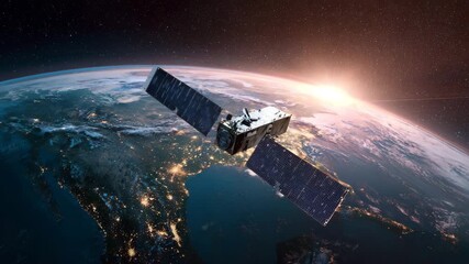Ultra HD A satellite orbits above earth, its solar panels catching the sunlight as it transmits data back to ground stations, a symbol of technological advancement and global connectivity - Powered by Adobe