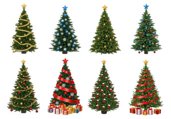 Collection of eight decorated christmas trees isolated on transparent background