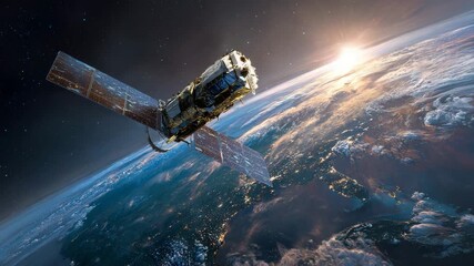 Ultra HD A satellite orbits earth, its solar panels gleaming in the sunlight, symbolizing technological advancement and global connectivity, with the planets surface visible below - Powered by Adobe