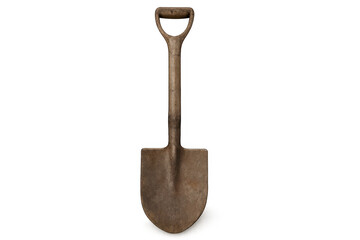Close up of a rusty garden shovel with wood handle, isolated against a transparent background, ready for outdoor work