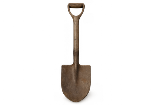 Close up of a rusty garden shovel with wood handle, isolated against a transparent background, ready for outdoor work