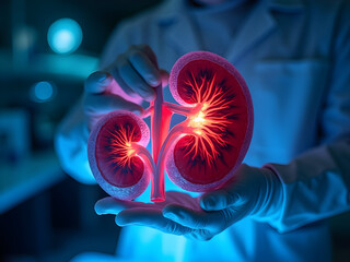 Doctor’s gloved hands performing a dye study on a 3D kidney model, fluorescence highlights on arteries, lab lighting, educational tone