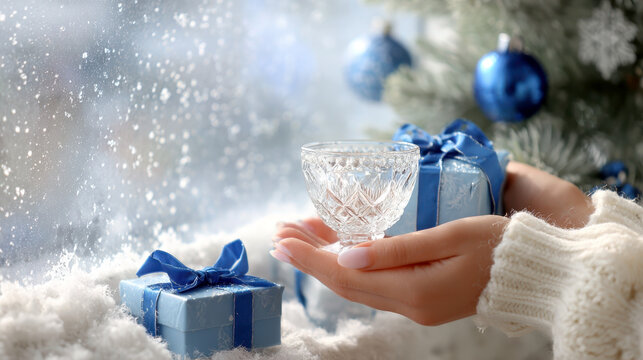 Snowy christmas morning with fir tree sparkling in blue and silver, gift boxes with ribbons, and frosted window pane for holiday decor and winter celebration