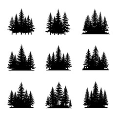 Fototapeta premium Collection of Black Pine Tree Silhouettes on White Background, Minimalist Evergreen Forest Design for Logo, Nature Icon, and Vector Graphic Elements