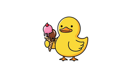 Fototapeta premium Cute yellow duckling happily holding a delicious ice cream cone on a white backdrop