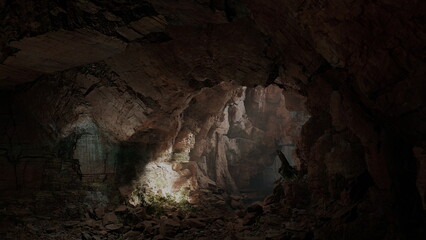 Inside a dark cave, mesmerizing beams of light illuminate unique rock formations. Shadows dance on the walls as erosion has shaped this subterranean landscape over time.