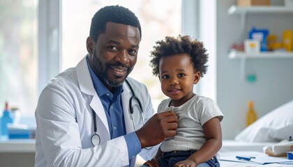 Caring African American pediatrician examines a happy child during a routine check-up in a bright medical clinic, promoting health