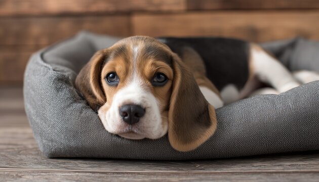 Common Illnesses In Puppies: Beware Of Puppy Diseases. A Beagle Puppy Is Ill And Resting On A Dog Bed At Home.