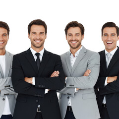 Four smiling businessmen standing with arms crossed isolated on transparent background