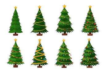Obraz premium Collection of eight decorated christmas trees isolated on transparent background