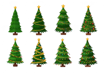 Collection of eight decorated christmas trees isolated on transparent background