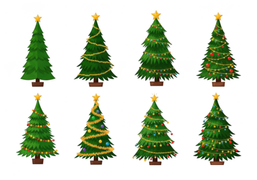 Collection of eight decorated christmas trees isolated on transparent background