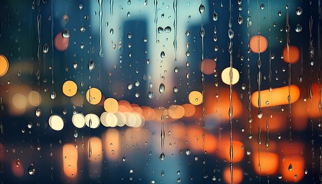 raindrops on window with blurred city lights in background moody urban scene with bokeh effect