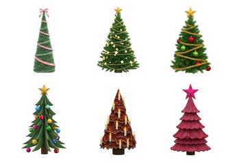 Six decorated christmas trees isolated on transparent background