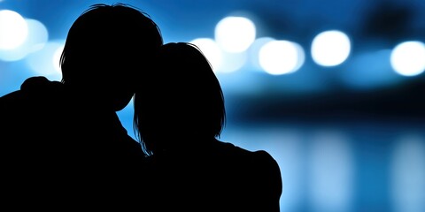 A couple embraces, silhouetted against a dreamy, blurred cityscape at dusk.