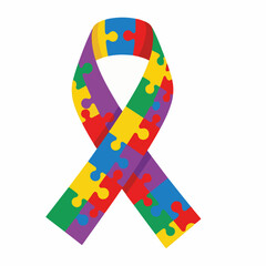 Autism Awareness Ribbon with Colorful Puzzle Pattern Vector Illustration