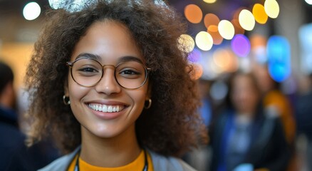 Fototapeta premium A cheerful woman with curly hair and glasses smiles brightly at an expo bustling with people.