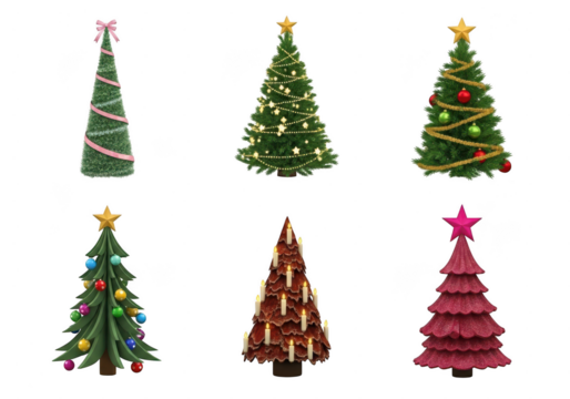 Six decorated christmas trees isolated on transparent background