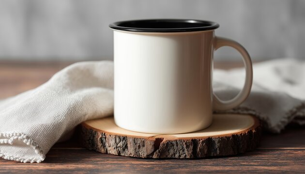 Large Coffee Mug On Wooden Slice With Cotton Cover: Mock Up Of A 15oz Mug Perfect For Your Morning Coffee Routine. Creative Presentation.