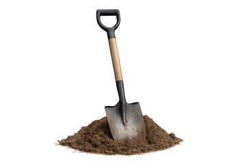 Shovel with a d-handle and wooden shaft standing in a mound of brown earth, representing digging activities