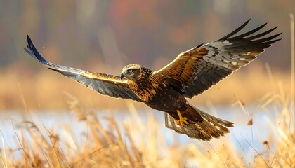 Fototapeta premium A majestic raptor, wings outstretched, soars gracefully above tall, dry grasses. The autumn-colored trees softly blur in the background