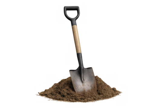 Shovel with a d-handle and wooden shaft standing in a mound of brown earth, representing digging activities