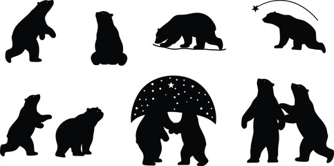 Bear silhouettes, whimsical poses, starry dome, playful animals, forest creatures, black vector, cute bear art, magical wildlife, nature illustration, storytelling theme, night sky, fantasy
