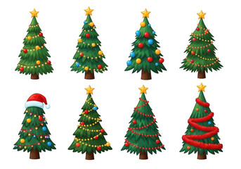 Collection of eight decorated christmas trees isolated on transparent background